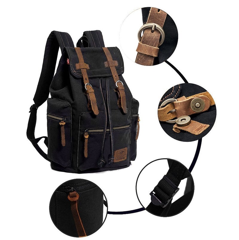 HuaChen Vintage Canvas Backpack, Casual Daypack Travel Rucksack with Leather for Men Women, 14â€³ Laptop Compartment & Hidden Antiâ€‘Theft Pocket, Hiking/School - M32 Black - Image 4